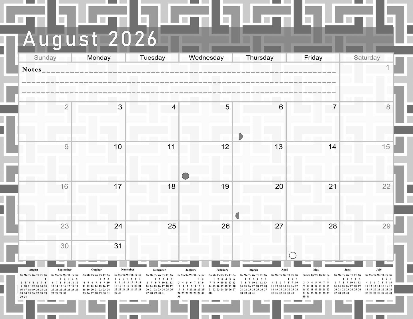 2026 - 2027 Academic Year 12 Months Student Calendar / College Planner for 3-Ring Binder, Desk or Wall -School Supplies - Made in USA - Black&White - (Edition #014)