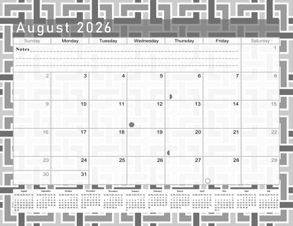 2026 - 2027 Academic Year 12 Months Student Calendar / College Planner for 3-Ring Binder, Desk or Wall -School Supplies - Made in USA - Black&White - (Edition #014)