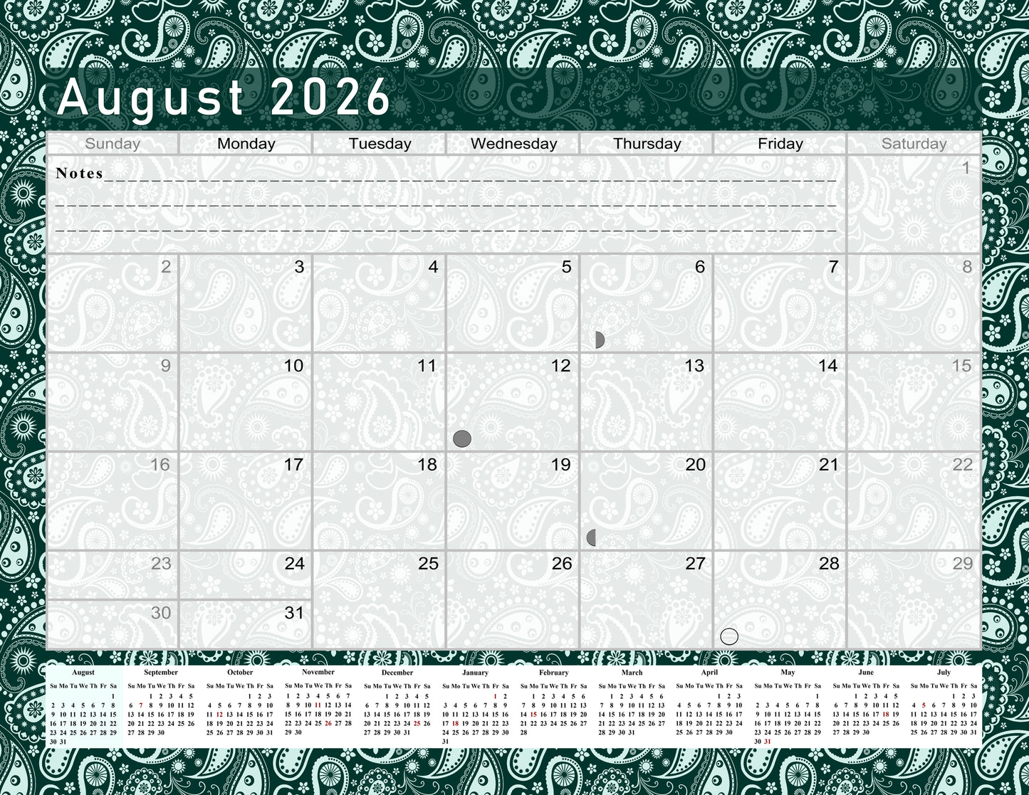 2026 - 2027 Academic Year 12 Months Student Calendar / College Planner for 3-Ring Binder, Desk or Wall -School Supplies - Made in USA -v025