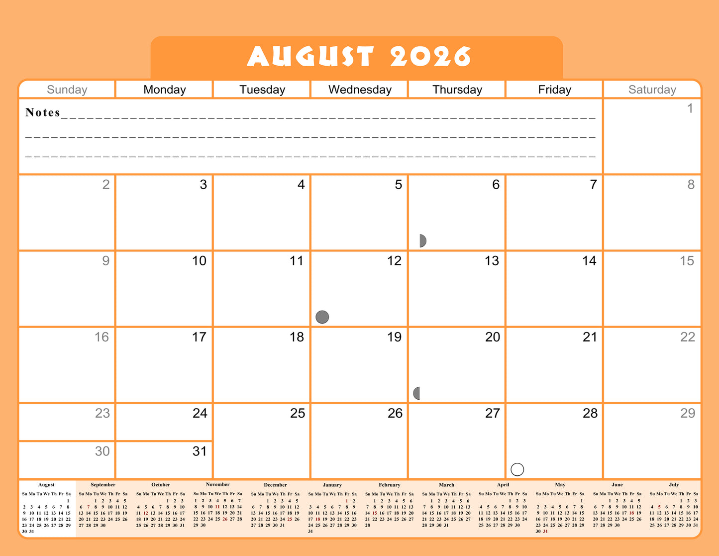 2026 - 2027 Academic Year 12 Months Student Calendar / College Planner for 3-Ring Binder, Desk or Wall -School Supplies - Made in USA -v007