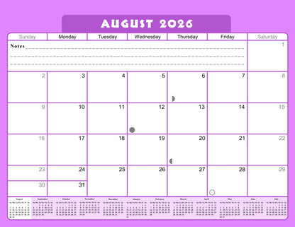 2026 - 2027 Academic Year 12 Months Student Calendar / College Planner for 3-Ring Binder, Desk or Wall -School Supplies - Made in USA -v005
