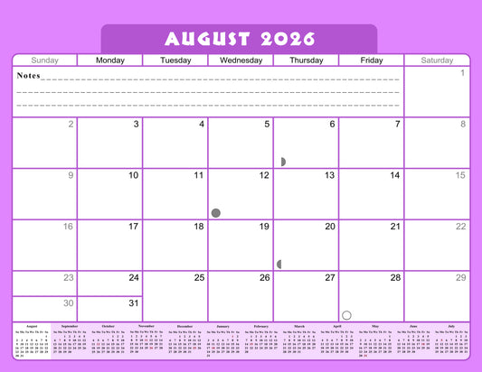 2026 - 2027 Academic Year 12 Months Student Calendar / College Planner for 3-Ring Binder, Desk or Wall -School Supplies - Made in USA -v005