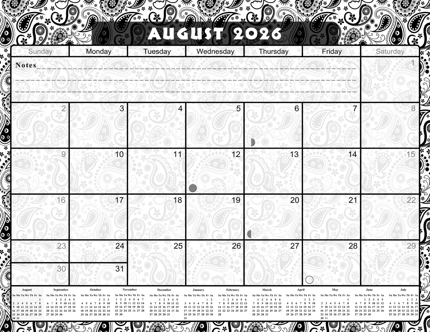 2026 - 2027 Academic Year 12 Months Student Calendar / College Planner for 3-Ring Binder, Desk or Wall -School Supplies - Made in USA - (Black & White Paisley Edition #010)