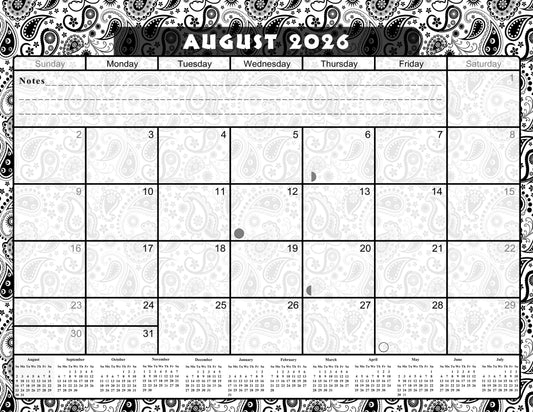 2026 - 2027 Academic Year 12 Months Student Calendar / College Planner for 3-Ring Binder, Desk or Wall -School Supplies - Made in USA - (Black & White Paisley Edition #010)