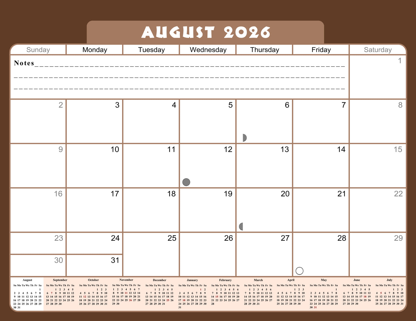 2026 - 2027 Academic Year 12 Months Student Calendar / College Planner for 3-Ring Binder, Desk or Wall -School Supplies - Made in USA -v022