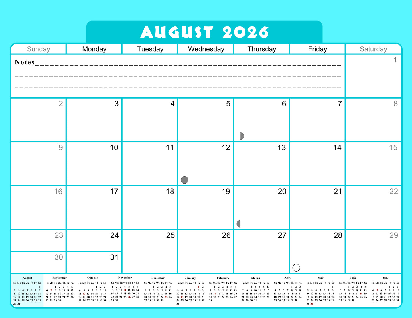 2026 - 2027 Academic Year 12 Months Student Calendar / College Planner for 3-Ring Binder, Desk or Wall -School Supplies - Made in USA -v006