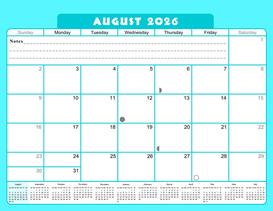 2026 - 2027 Academic Year 12 Months Student Calendar / College Planner for 3-Ring Binder, Desk or Wall -School Supplies - Made in USA -v006