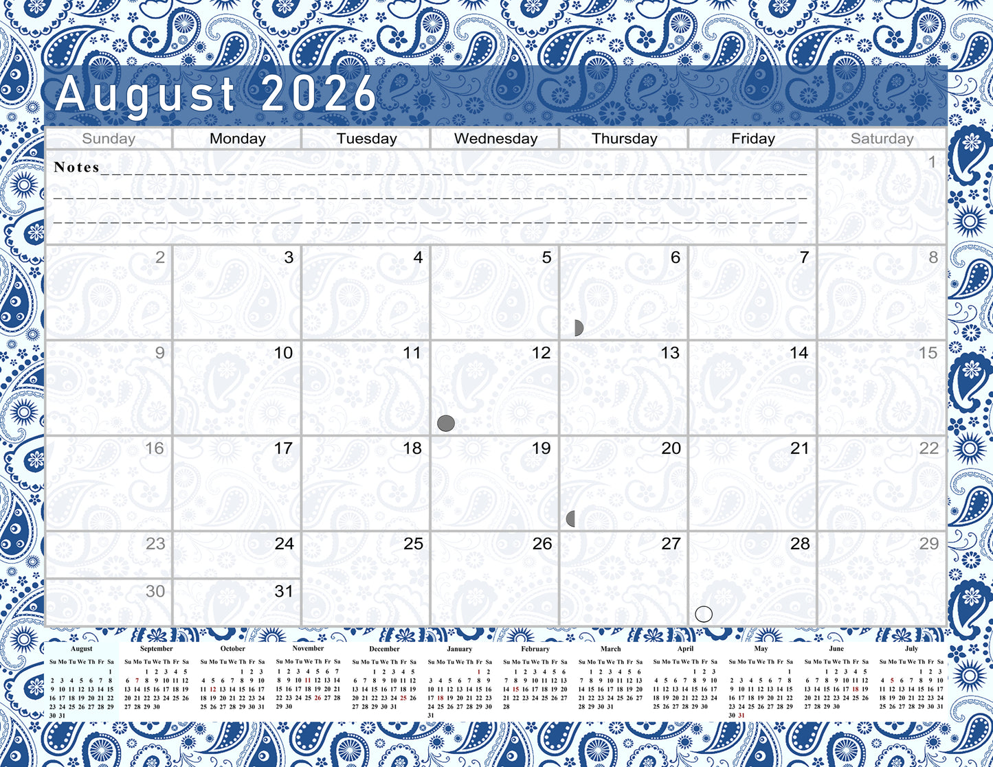 2026 - 2027 Academic Year 12 Months Student Calendar / College Planner for 3-Ring Binder, Desk or Wall -School Supplies - Made in USA (Edition #019)