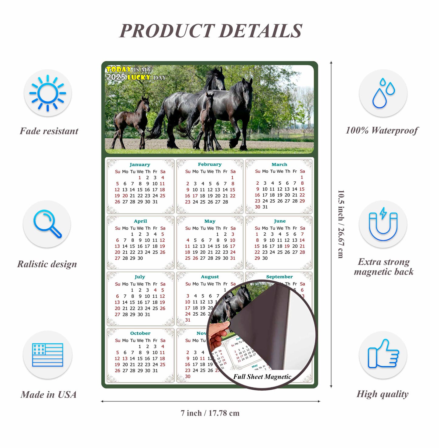 2025 Magnetic Calendar - Calendar Magnets - Today is my Lucky Day - (Fade, Tear, and Water Resistant) - Horses Themed 05