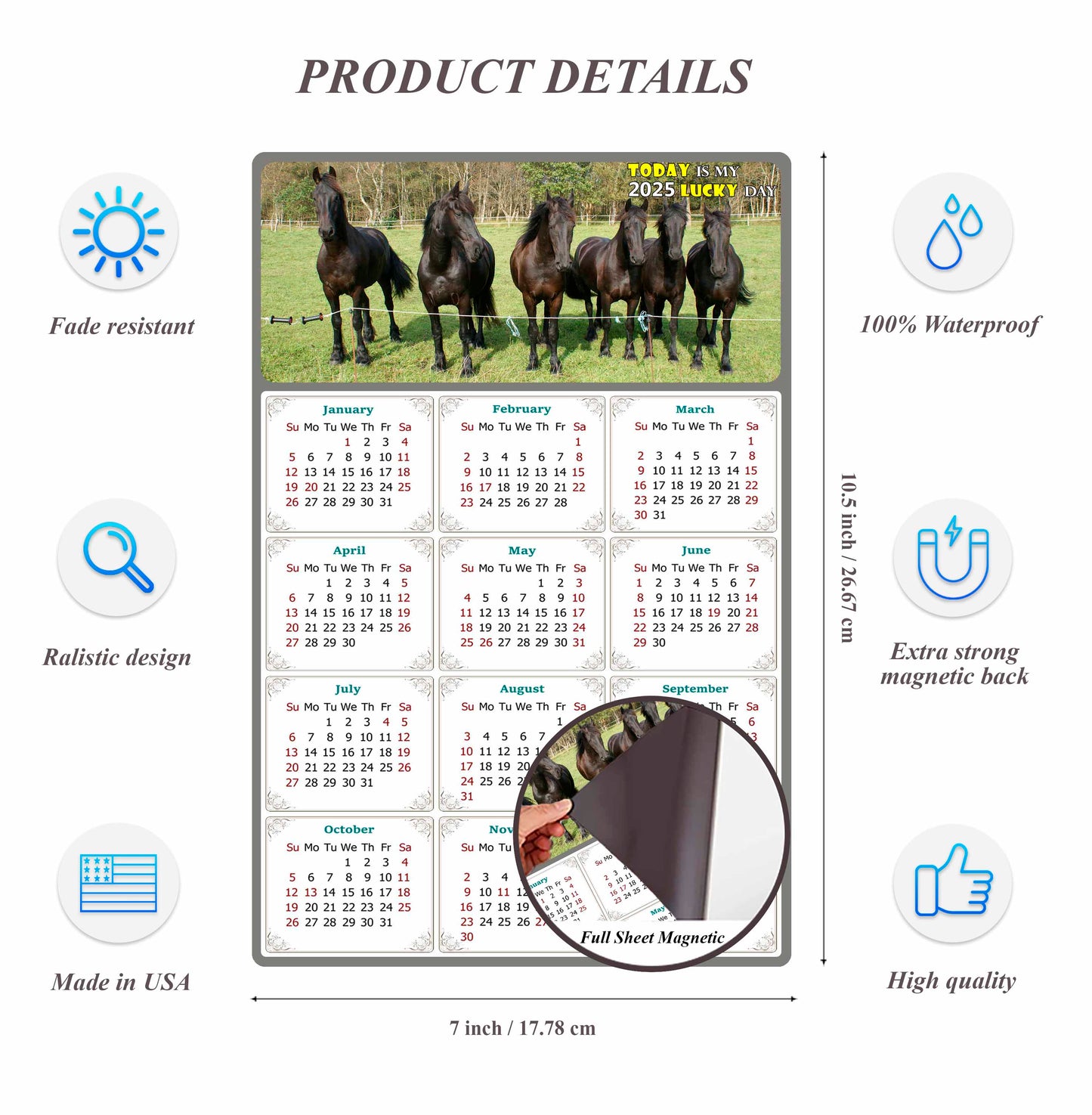 2025 Magnetic Calendar - Calendar Magnets - Today is my Lucky Day - (Fade, Tear, and Water Resistant) - Horses Themed 06