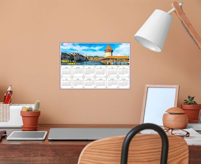 2027 Peel & Stick Calendar - Today is my Lucky Day - Removable - Chapel bridge in Lucerne (9"x 6")
