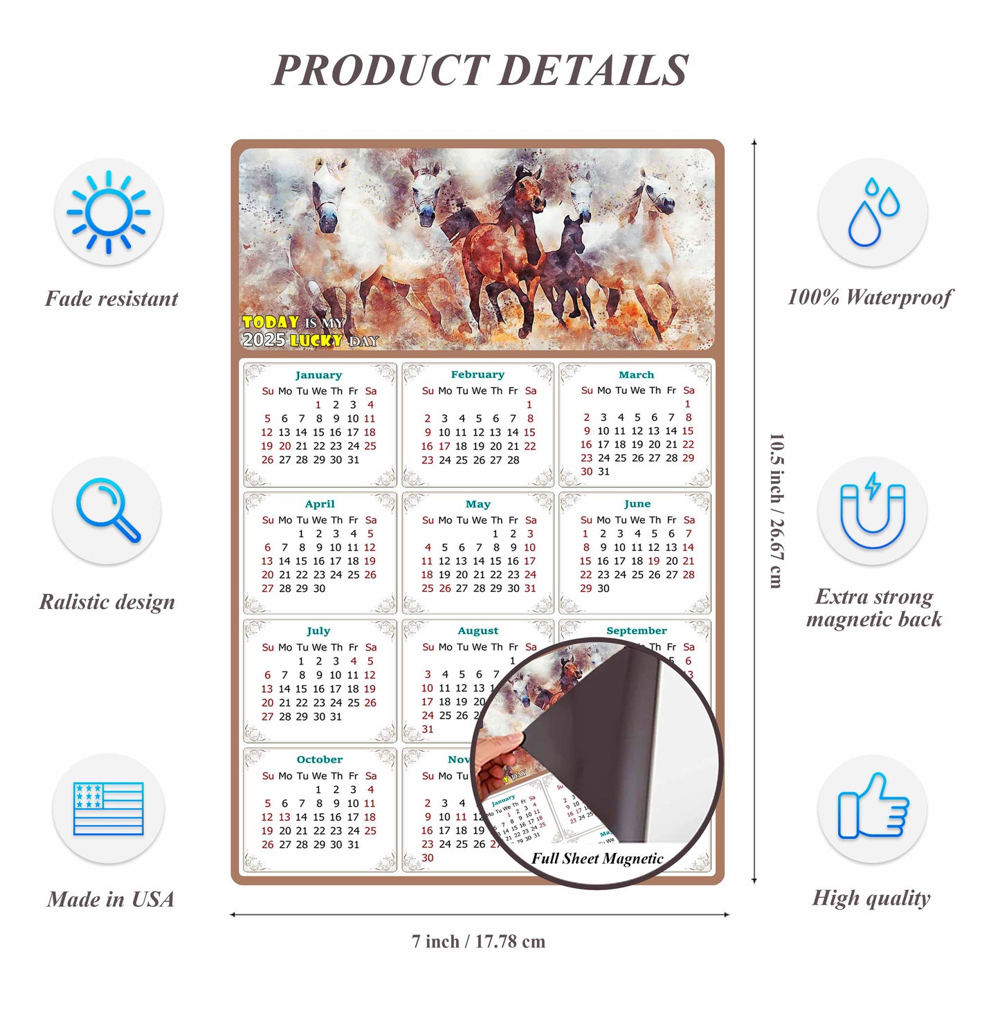 2025 Magnetic Calendar - Calendar Magnets - Today is my Lucky Day - (Fade, Tear, and Water Resistant) - Horses Themed 09