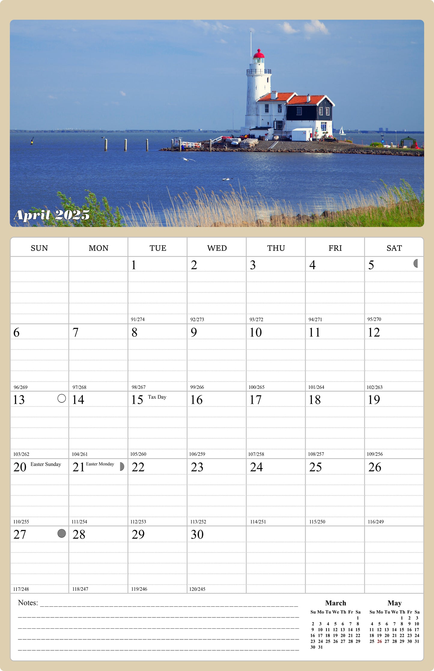 2025 Wall Calendar Spiral-bound Twin-Wire Binding - 12 Months Planner - Large Ruled Blocks with Julian Dates - (Lighthouses)