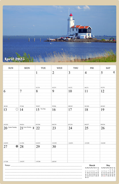 2025 Wall Calendar Spiral-bound Twin-Wire Binding - 12 Months Planner - Large Ruled Blocks with Julian Dates - (Lighthouses)