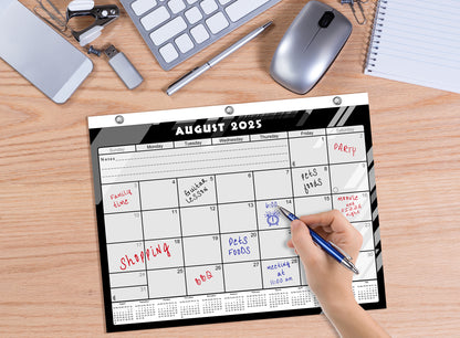 2025 - 2026 Academic Year 12 Months Student Calendar / College Planner for 3-Ring Binder, Desk or Wall -School Supplies - Made in USA- Black&White - (Edition #012)