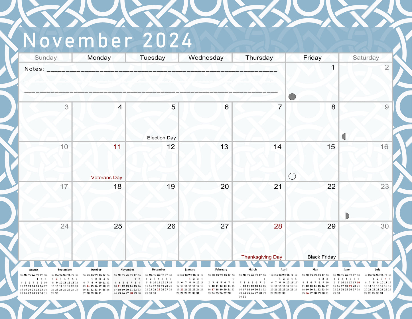 2024-2025 Academic Year 12 Months Student Calendar/Planner for 3-Ring Binder, Desk or Wall -v014