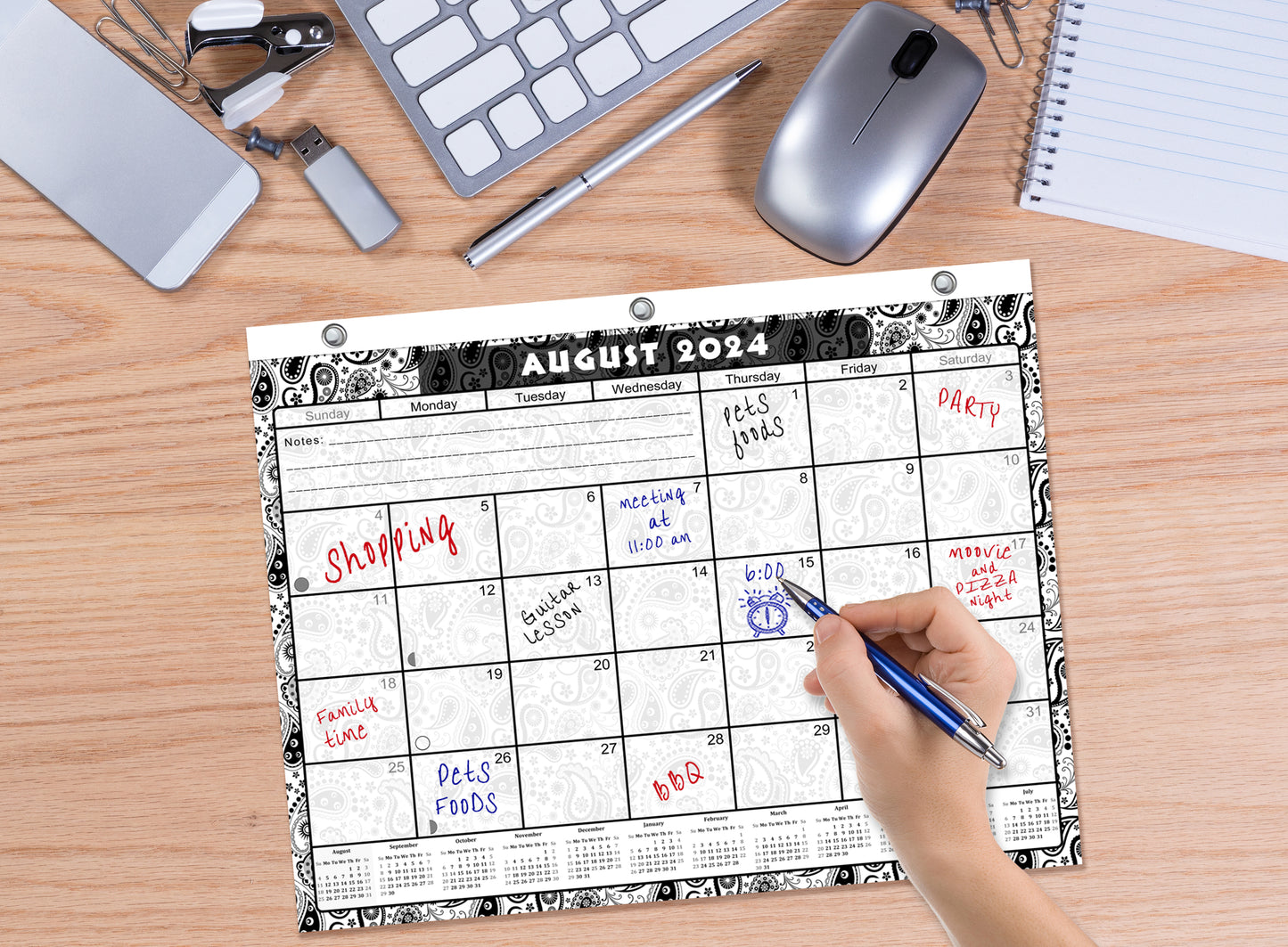 2024-2025 Academic Year 12 Months Student Calendar/Planner for 3-Ring Binder, Desk or Wall - (Black & White Paisley Edition #010)
