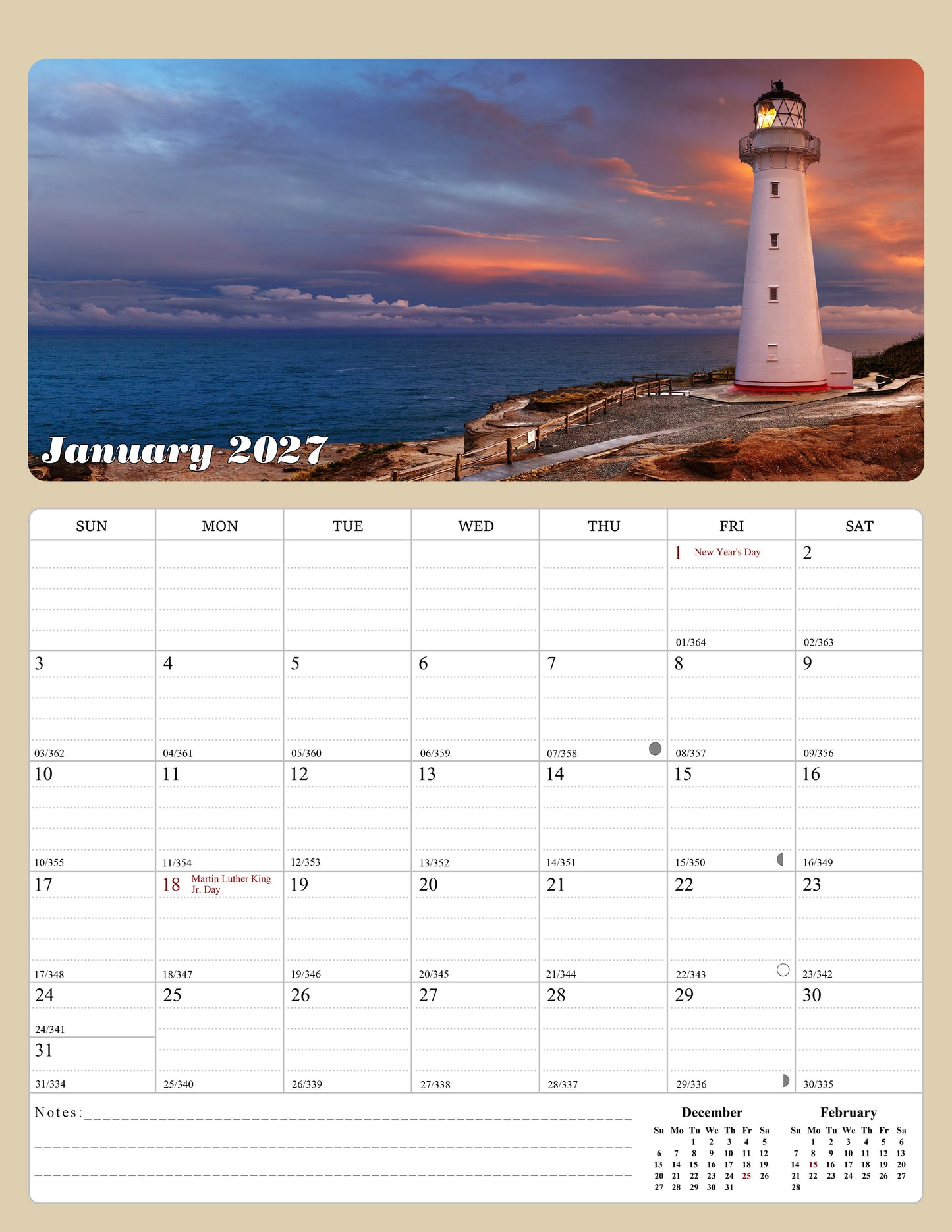 2027 Calendar Magnetic Peel & Stick 12 Months 8.5" x 11" Lighthouses