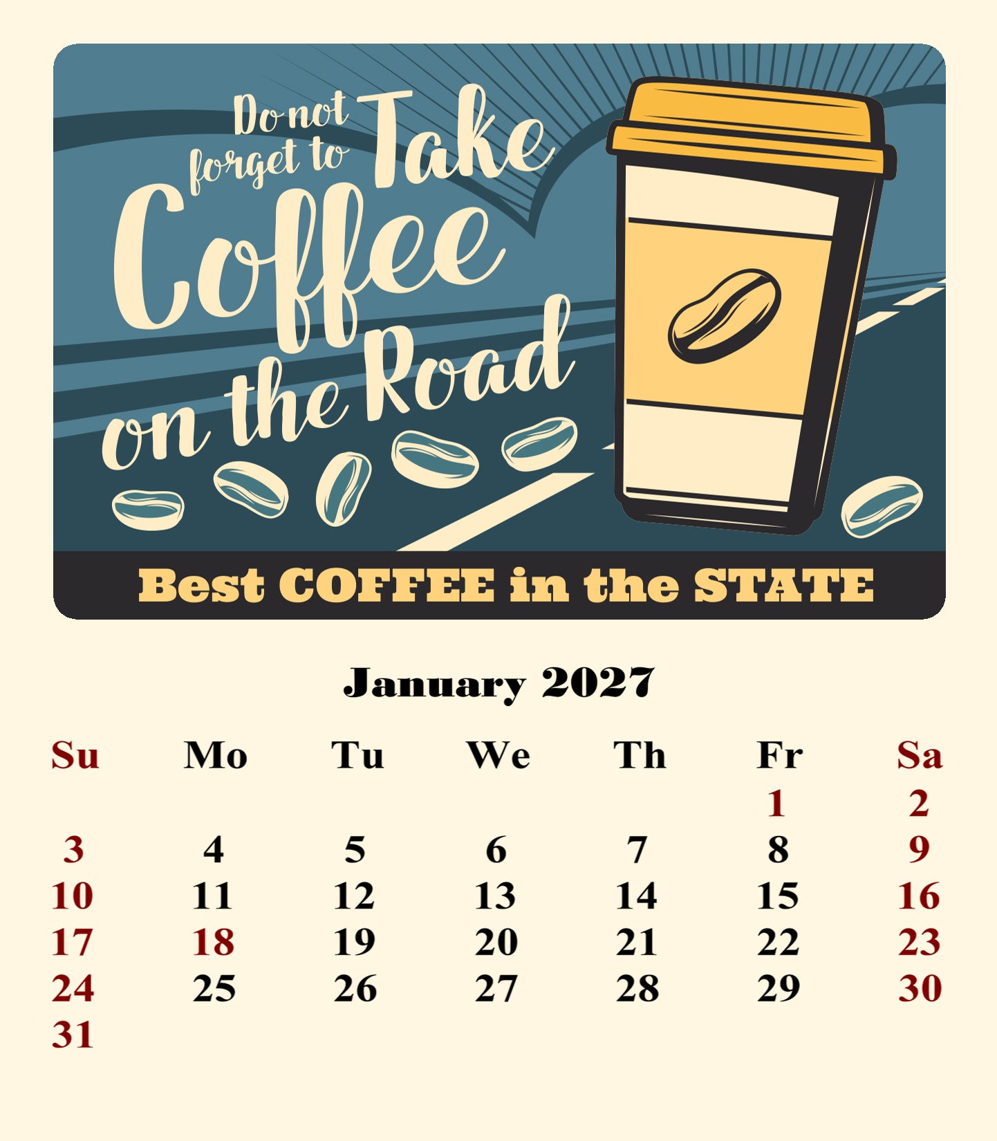 2027 CD-Style Desk Calendar 12 Months Calendar (Coffee)