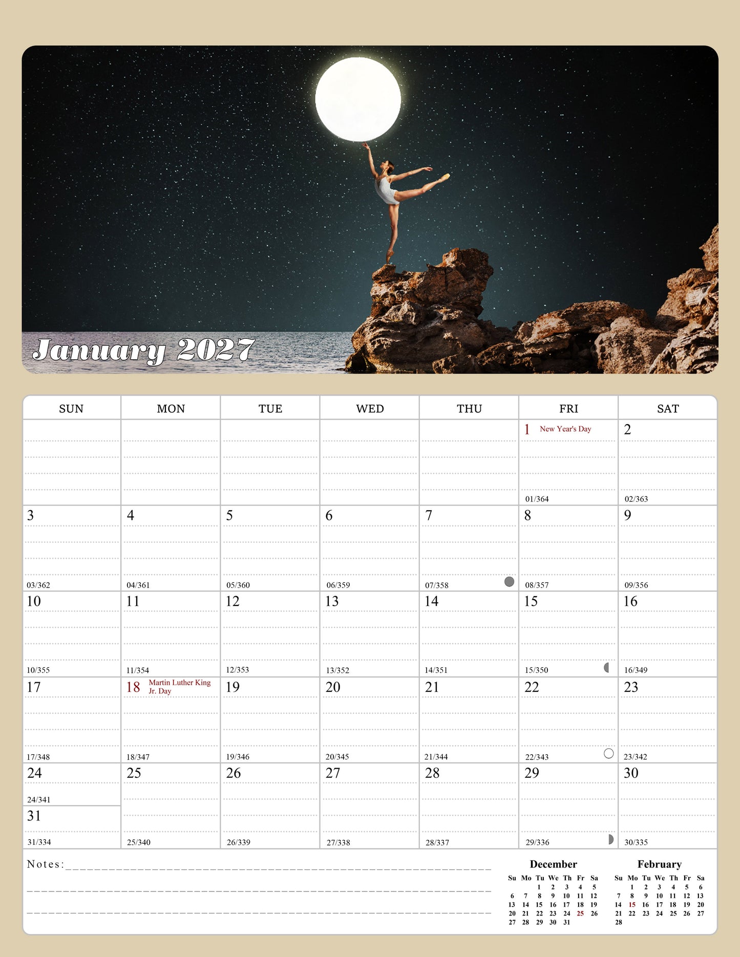 2026 - 2027 Calendar Magnetic Peel & Stick 18 Months 8.5" x 11" Lunar
