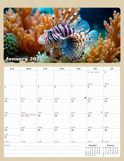 2027 Calendar Magnetic Peel & Stick 12 Months 8.5" x 11" Tropical Fish