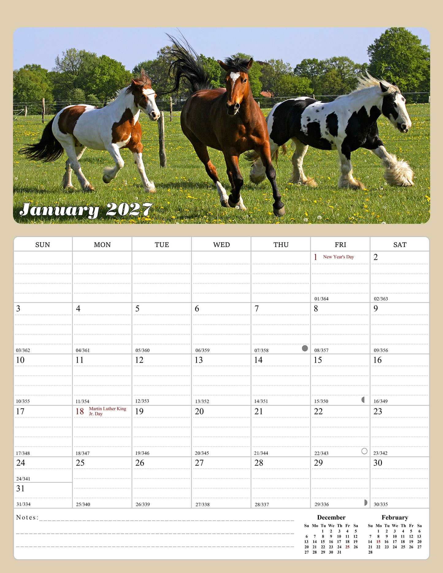 2027 Calendar Magnetic Peel & Stick 12 Months 8.5" x 11" Horses
