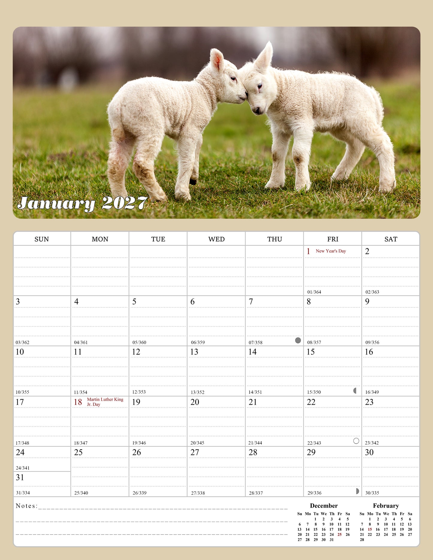 2027 Calendar Magnetic Peel & Stick 12 Months 8.5" x 11" Baby Animals