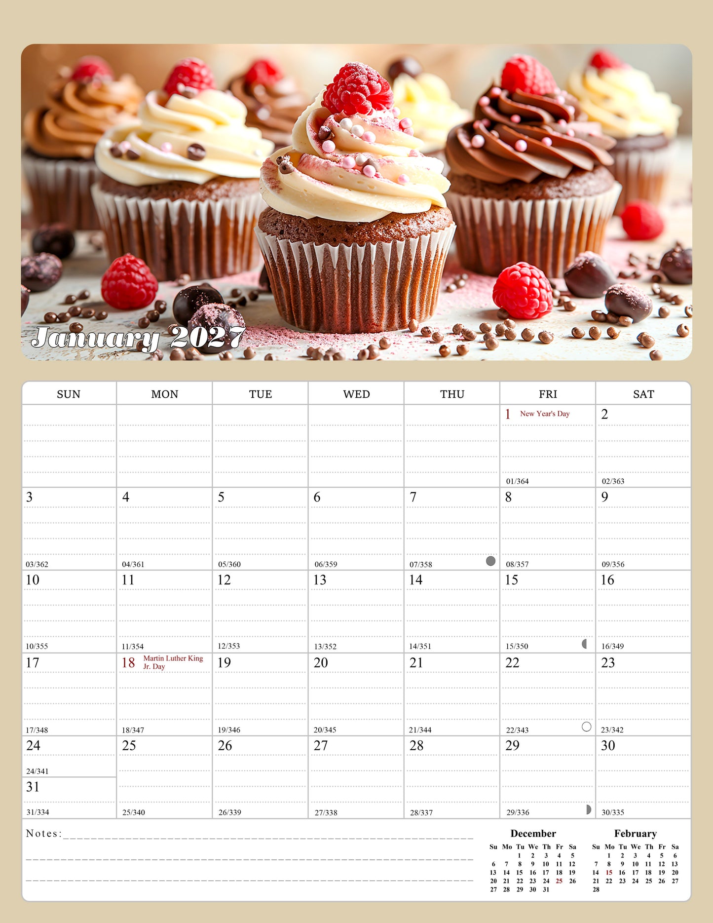 2026 - 2027 Calendar Magnetic Peel & Stick 18 Months 8.5" x 11" Cupcakes