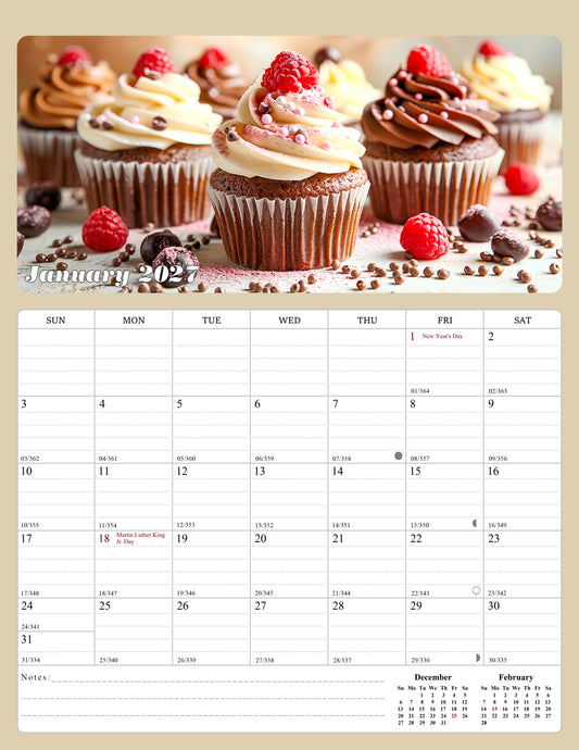 2027 Calendar Magnetic Peel & Stick 12 Months 8.5" x 11" Cupcakes