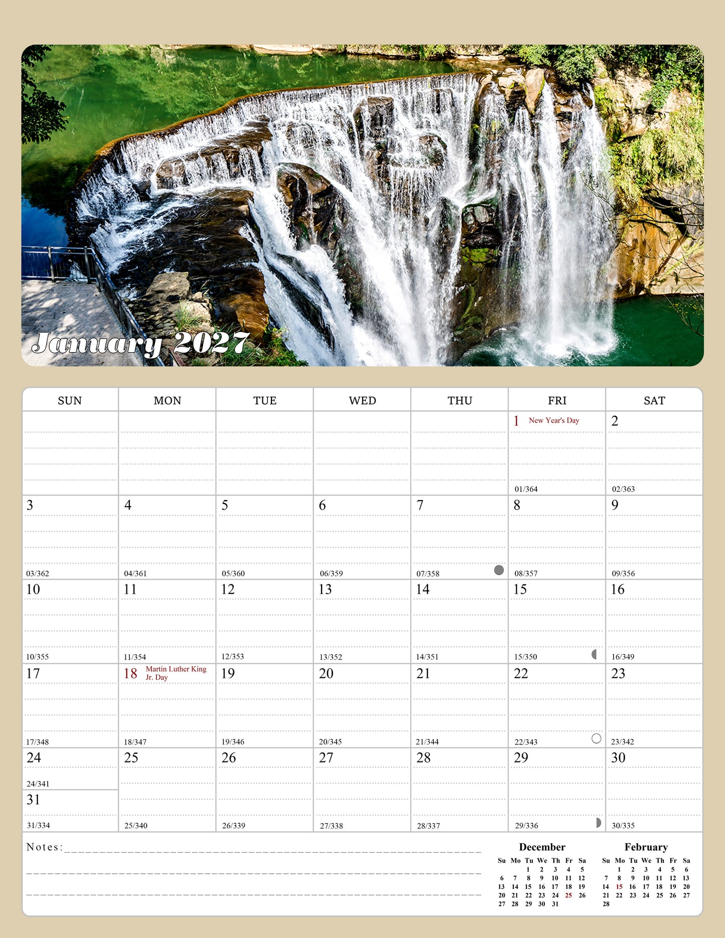 2027 Calendar Magnetic Peel & Stick 12 Months 8.5" x 11" Waterfalls
