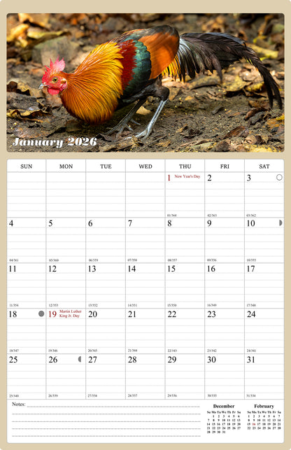 2026 Wall Calendar Spiral-bound Twin-Wire Binding - 12 Months Planner - Large Ruled Blocks with Julian Dates - (Roosters)