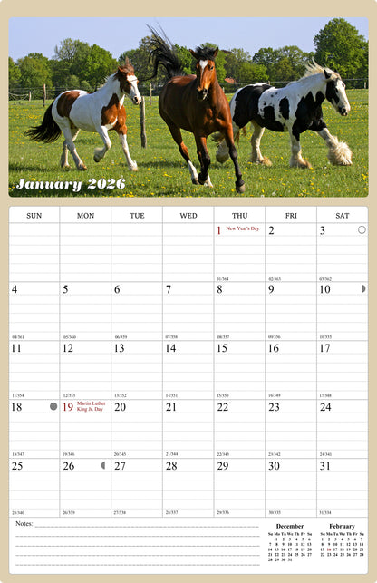2025 - 2026 Wall Calendar Spiral-bound Twin - 18 Months (Horses) 11" x 17"