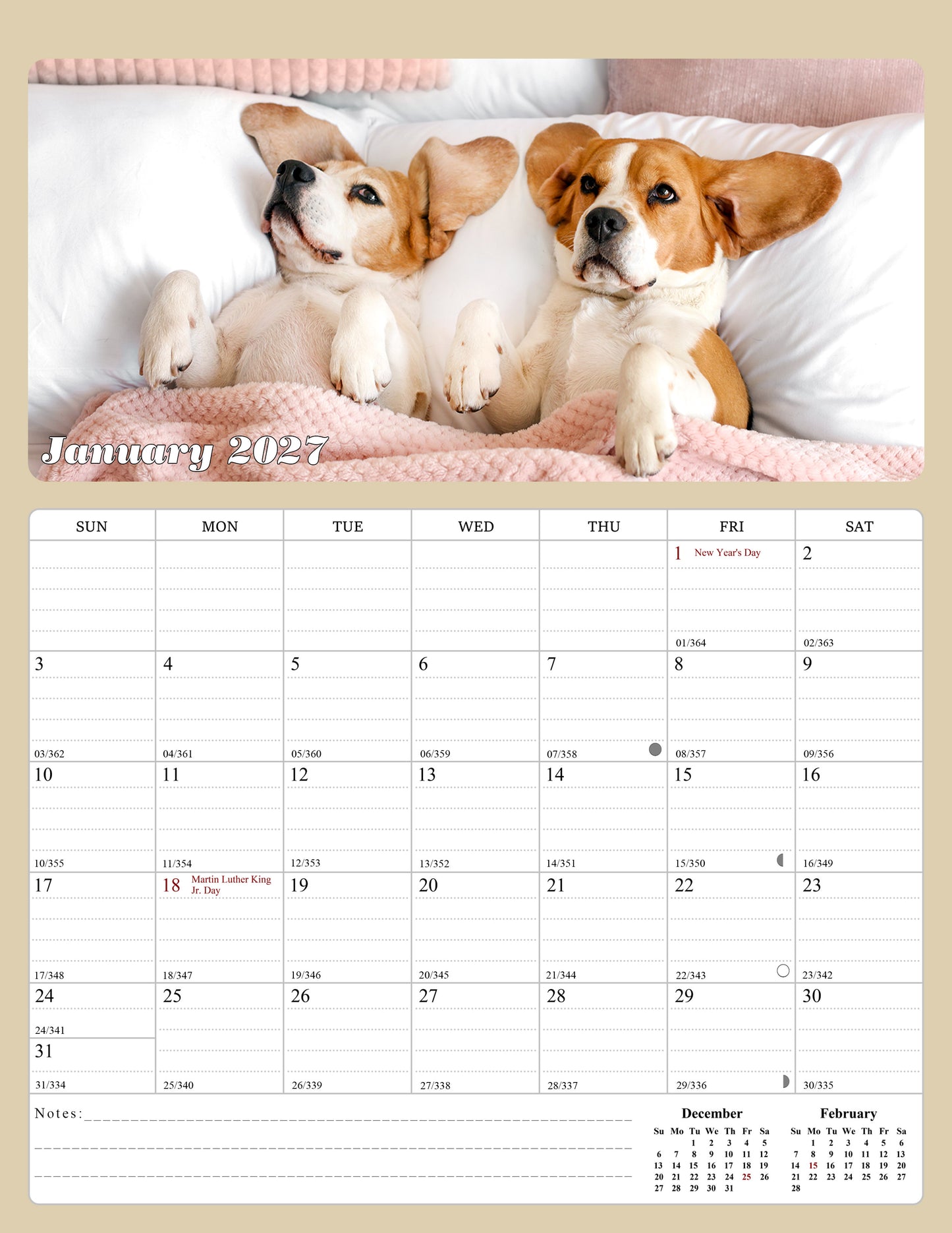 2027 Calendar Magnetic Peel & Stick 12 Months 8.5" x 11" Dogs