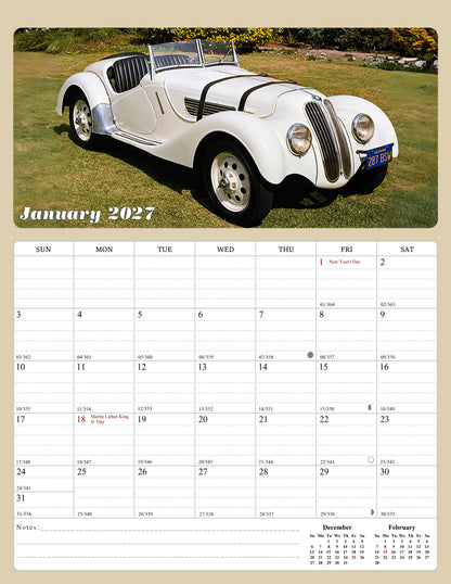 2027 Calendar Magnetic Peel & Stick 12 Months 8.5" x 11" Classic Cars