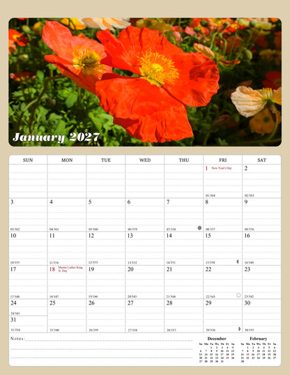 2026 - 2027 Calendar Magnetic Peel & Stick 18 Months 8.5" x 11" Flowers