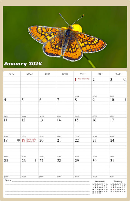 2025 - 2026 Wall Calendar Spiral-bound Twin - 18 Months (Butterflyes) 11" x 17"