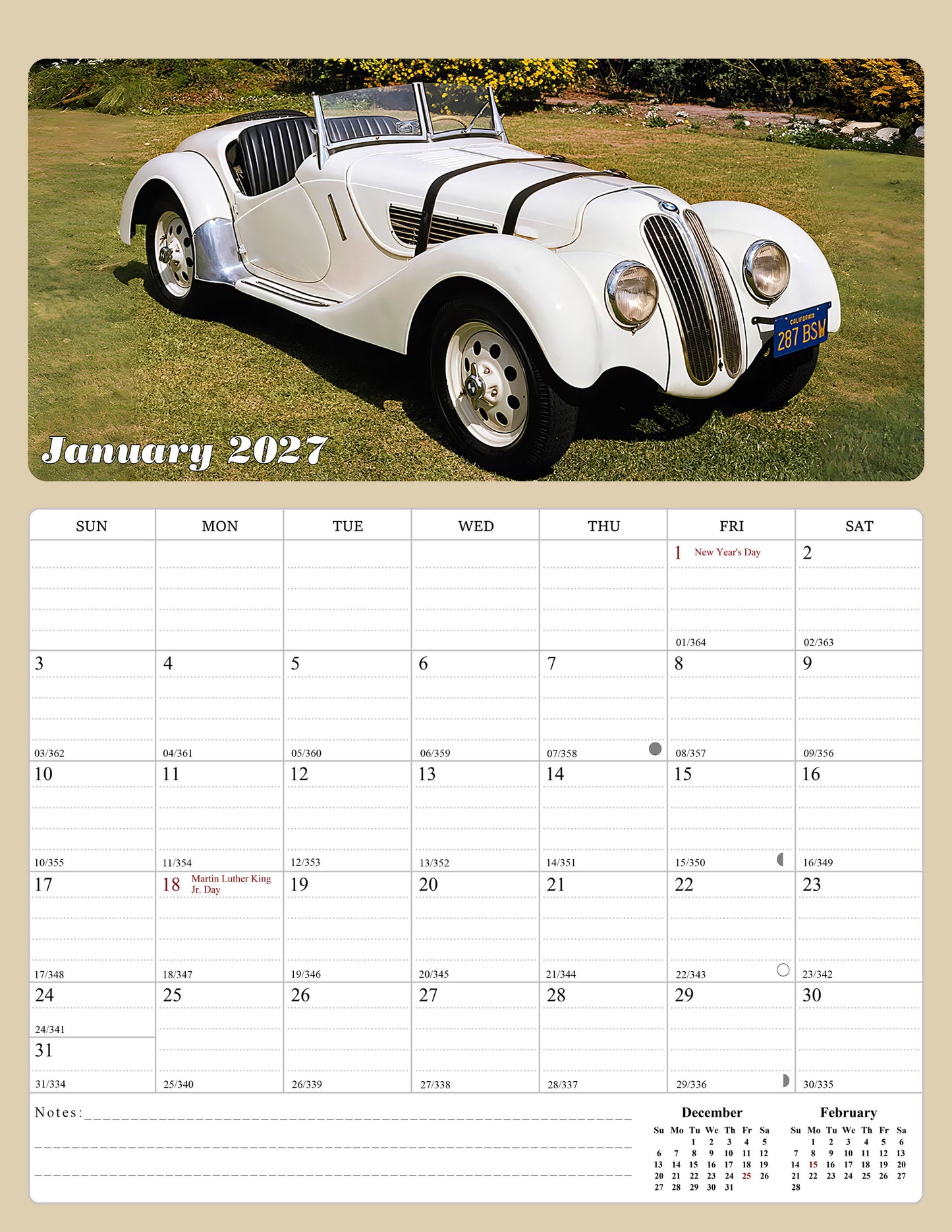2026 - 2027 Calendar Magnetic Peel & Stick 18 Months 8.5" x 11" Classic Cars