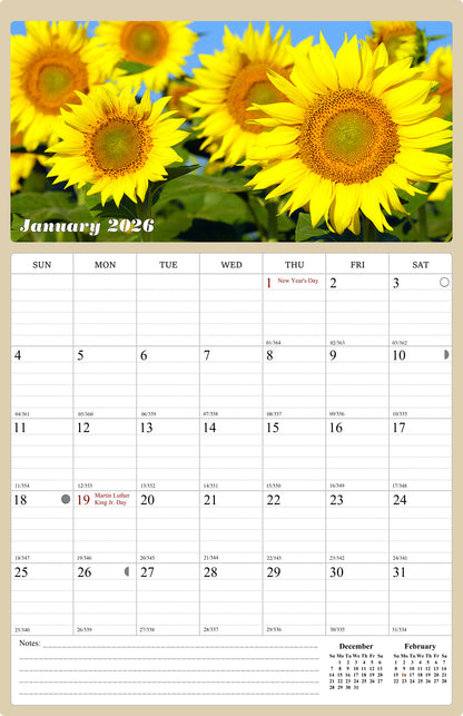 2025 - 2026 Wall Calendar Spiral-bound Twin - 18 Months (Sunflowers) 11" x 17"