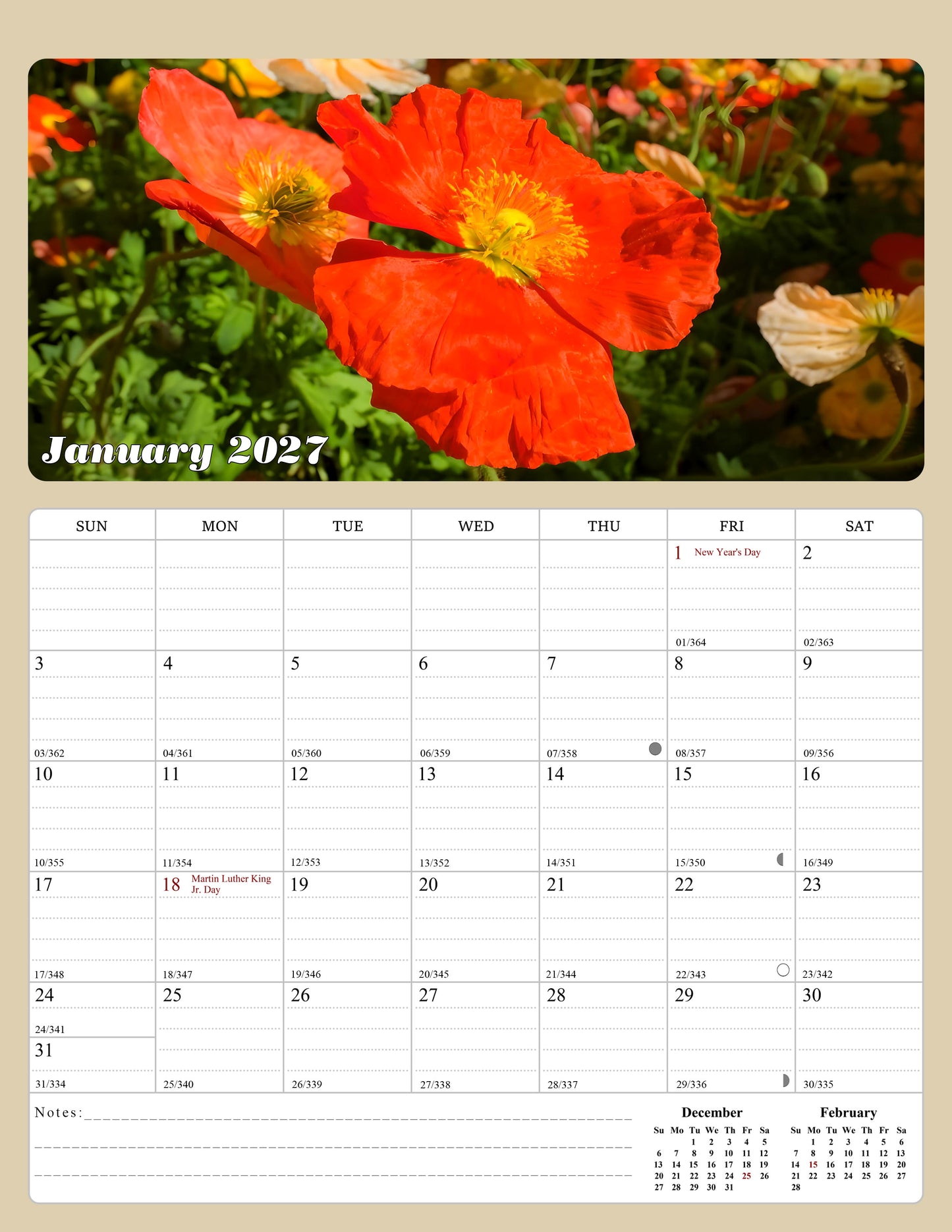 2027 Calendar Magnetic Peel & Stick 12 Months 8.5" x 11" Flowers
