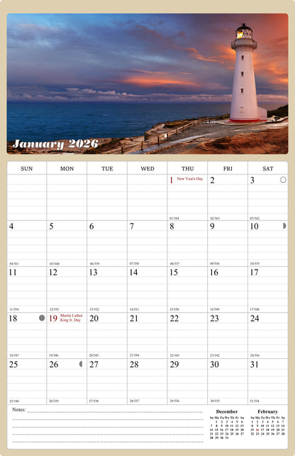 2025 - 2026 Wall Calendar Spiral-bound Twin - 18 Months (Lighthouses) 11" x 17"