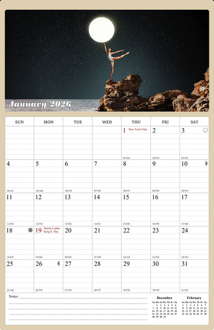 2026 Wall Calendar Spiral-bound Twin-Wire Binding - 12 Months Planner - Large Ruled Blocks with Julian Dates - (Lunar)