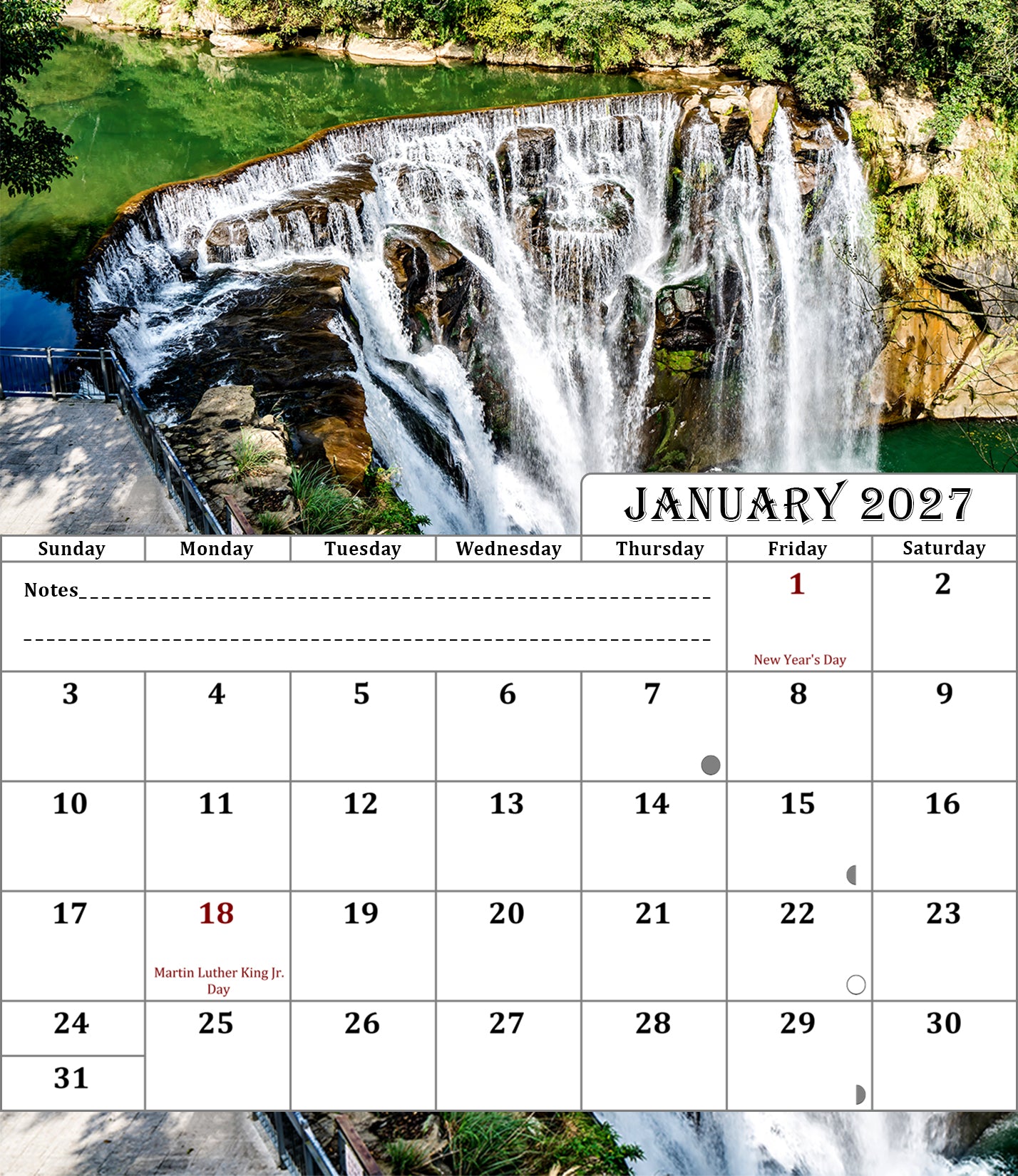 2027 CD-Style Desk Calendar 12 Months Calendar (Waterfalls)