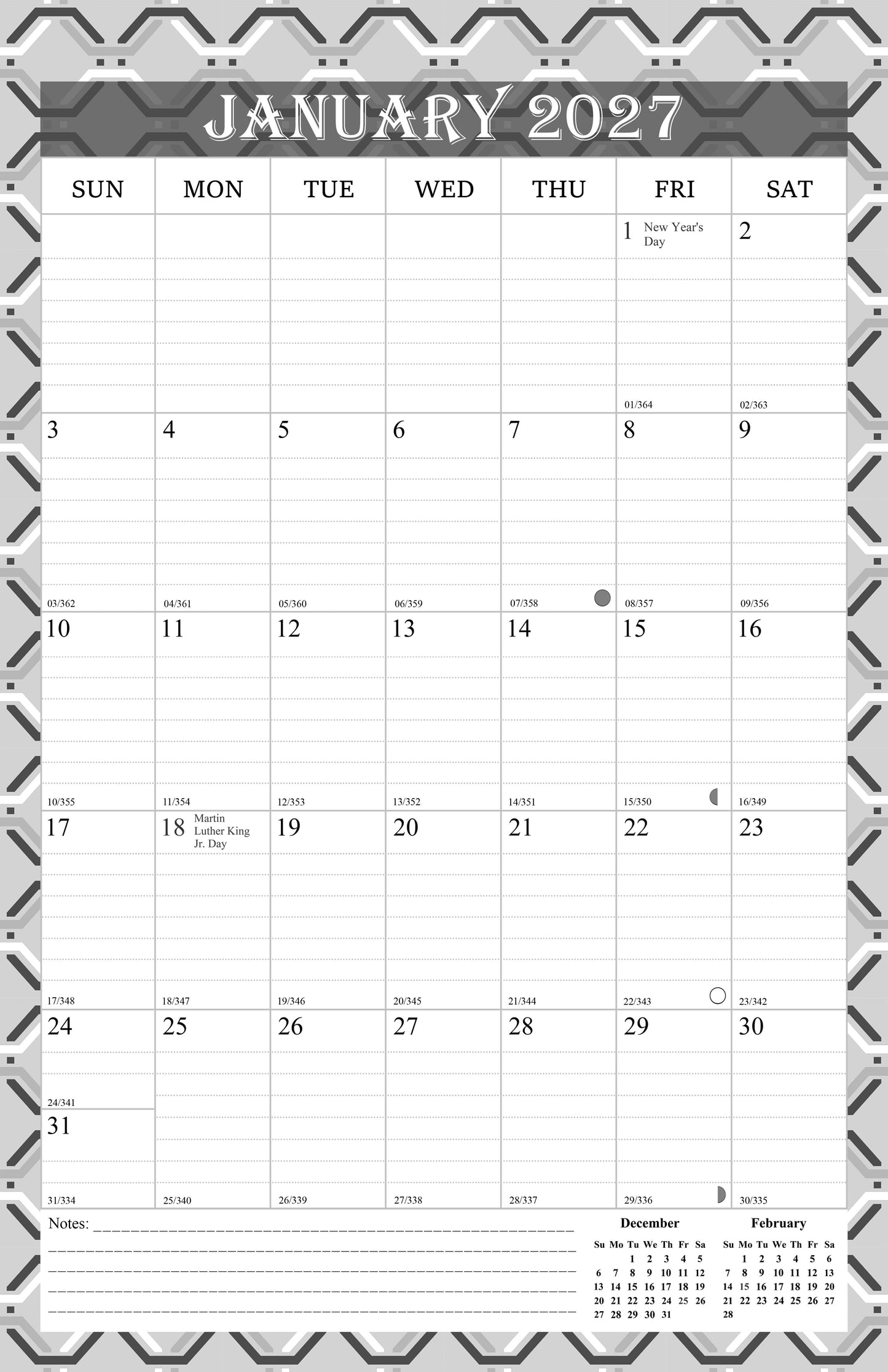 2027 Wall Calendar Spiral-Bound Twin-Wire Binding - 12 Months 03 B&W