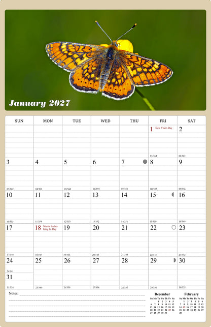 2026 - 2027 Wall Calendar Spiral-bound Twin-Wire Binding - 18 Months Planner - Large Ruled Blocks with Julian Dates - (Buterflyes)