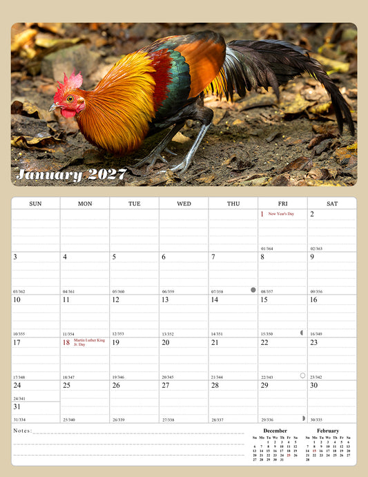 2027 Calendar Magnetic Peel & Stick 12 Months 8.5" x 11" Roosters