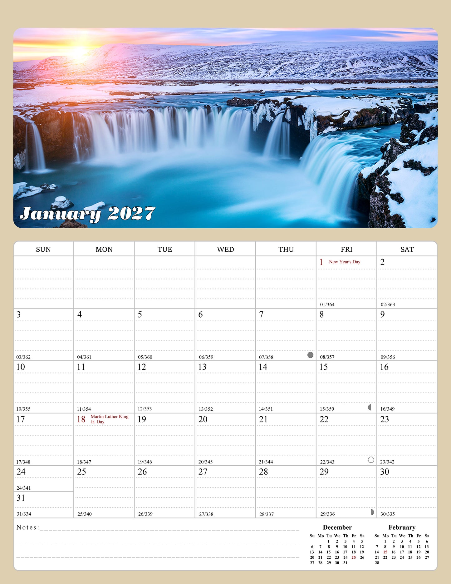 2027 Calendar Magnetic Peel & Stick 12 Months 8.5" x 11" Sunset&Sunrise