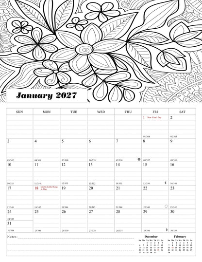 2026 - 2027 Wall Coloring Calendar Spiral-bound Twin-Wire Binding - 18 Months Planner - Large Ruled Blocks with Julian Dates - (Flowers)