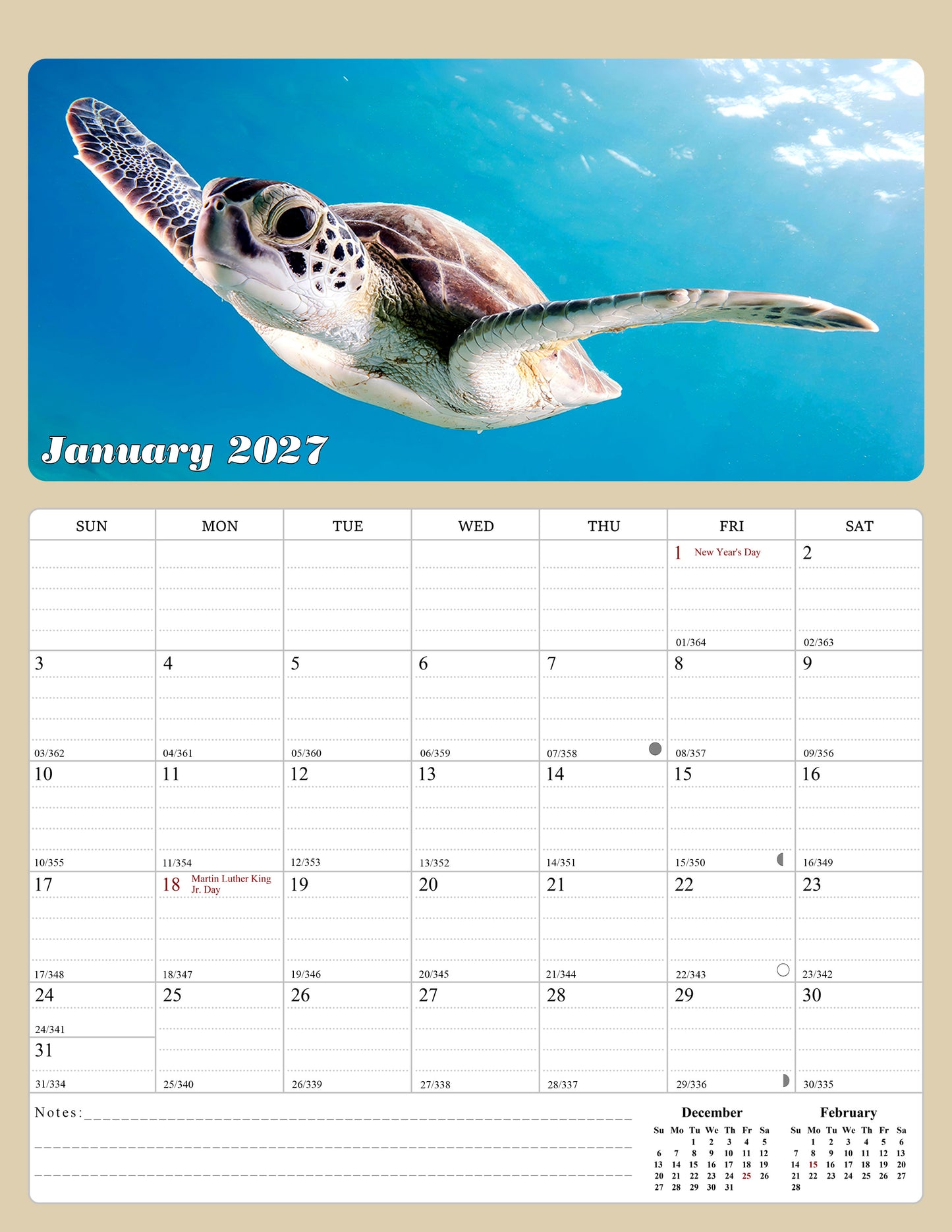 2026 - 2027 Calendar Magnetic Peel & Stick 18 Months 8.5" x 11" Turtles