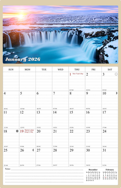 2026 Wall Calendar Spiral-bound Twin-Wire Binding - 12 Months Planner - Large Ruled Blocks with Julian Dates - (Sunset&Sunrise)