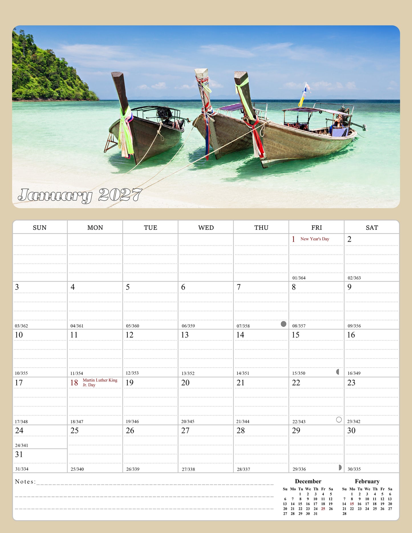 2026 - 2027 Calendar Magnetic Peel & Stick 18 Months Planner 8.5" x 11" Beaches